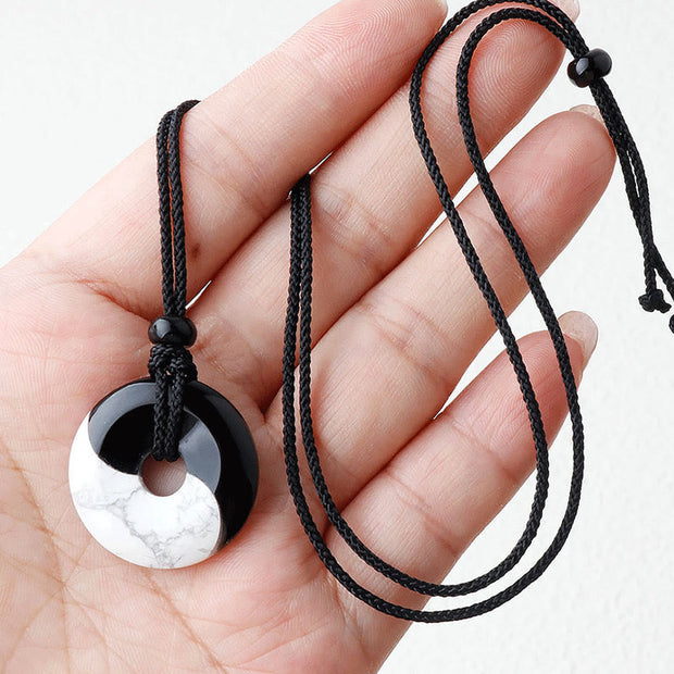 Buddha Stones Natural Black Obsidian White Turquoise Yin Yang Peace Buckle Design Braided String Strength Necklace Pendant