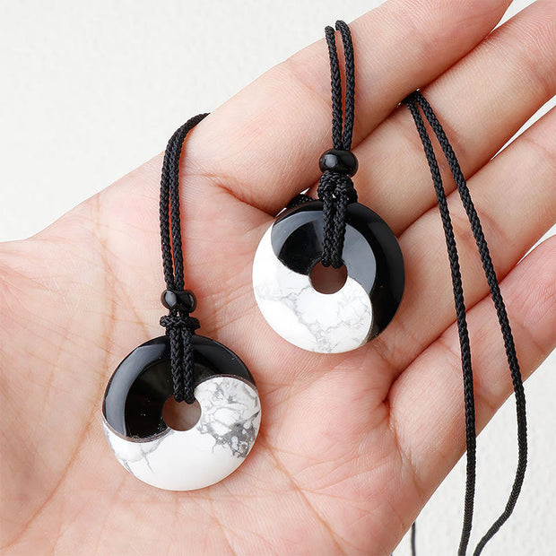 Buddha Stones Natural Black Obsidian White Turquoise Yin Yang Peace Buckle Design Braided String Strength Necklace Pendant