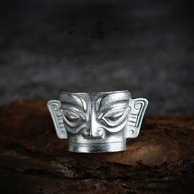 Buddha Stones 999 Sterling Silver Hand Casting Sanxingdui Mask Protection Ring Ring BS 8