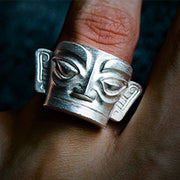 Buddha Stones 999 Sterling Silver Hand Casting Sanxingdui Mask Protection Ring Ring BS 12