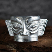 Buddha Stones 999 Sterling Silver Hand Casting Sanxingdui Mask Protection Ring Ring BS 1