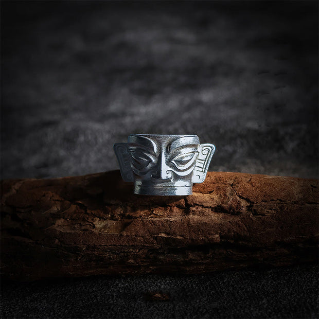 Buddha Stones 999 Sterling Silver Hand Casting Sanxingdui Mask Protection Ring Ring BS 999 Sterling Silver US10