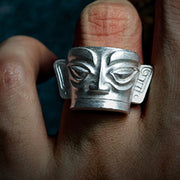 Buddha Stones 999 Sterling Silver Hand Casting Sanxingdui Mask Protection Ring Ring BS 11