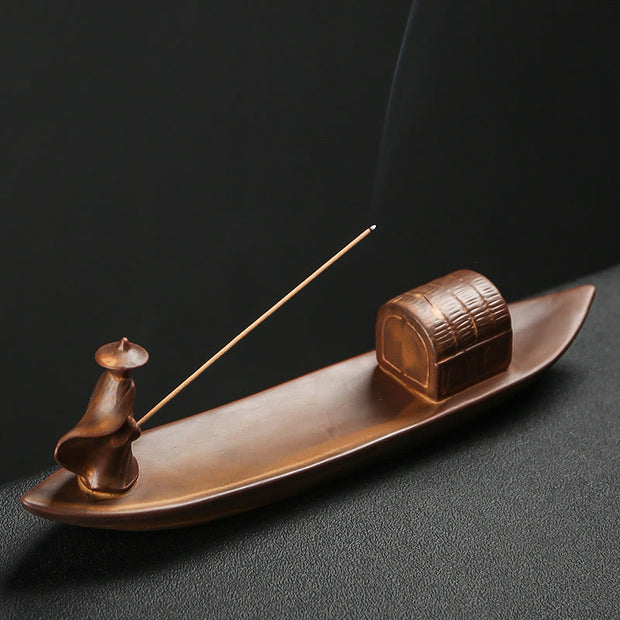 Buddha Stones Fisherman Fishing Boat Bamboo Buddha Hand Lotus Spiritual Healing Ceramic Stick Incense Burner Decoration