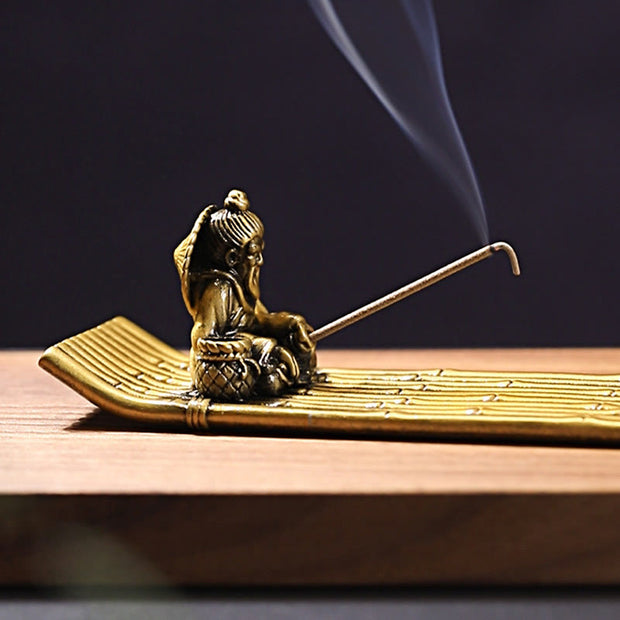 Buddha Stones Fisherman Bamboo Fishing Boat Alloy Incense Stick Holder Healing Incense Burner Decoration Incense Burner BS 5