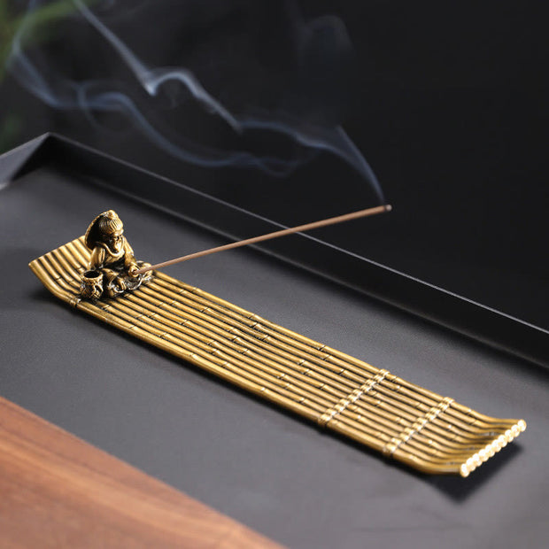 Buddha Stones Fisherman Bamboo Fishing Boat Alloy Incense Stick Holder Healing Incense Burner Decoration Incense Burner BS 25*4.6*4cm