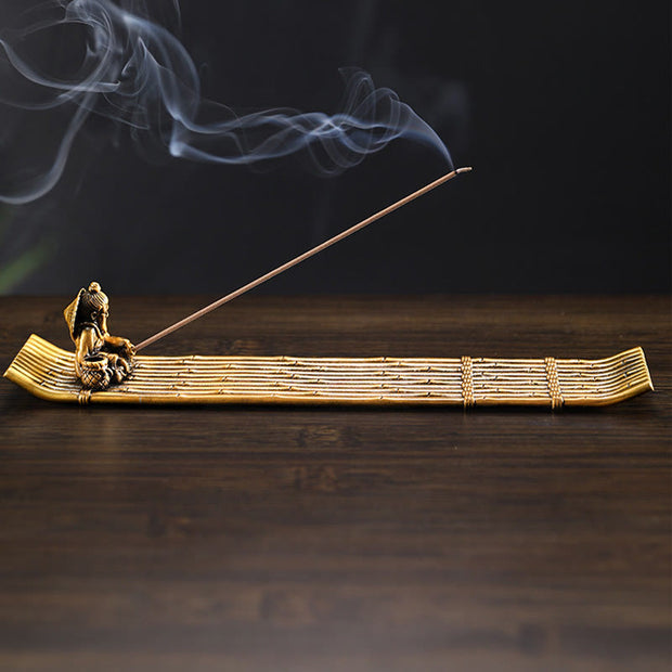 Buddha Stones Fisherman Bamboo Fishing Boat Alloy Incense Stick Holder Healing Incense Burner Decoration Incense Burner BS 2