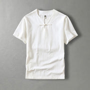 Buddha Stones Casual Plain Color Short Sleeve One Frog Button Cotton Linen Men's Shirt