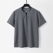 Buddha Stones Solid Color Short Sleeve One Frog Button Cotton Linen Men's Shirt Men's Shirts BS Gray US/UK/AU54，EU64 (9XL)