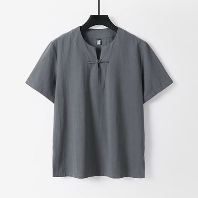 Buddha Stones Solid Color Short Sleeve One Frog Button Cotton Linen Men's Shirt Men's Shirts BS Gray US/UK/AU54，EU64 (9XL)