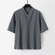 Buddha Stones Casual Plain Color Two Buttons Three Quarter Sleeve Cotton Linen Men's Shirt