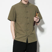 Buddha Stones Casual Solid Color Front Frog Buttons Chinese Tang Suit Short Sleeve Linen Men's Shirt Men's Shirts BS 37