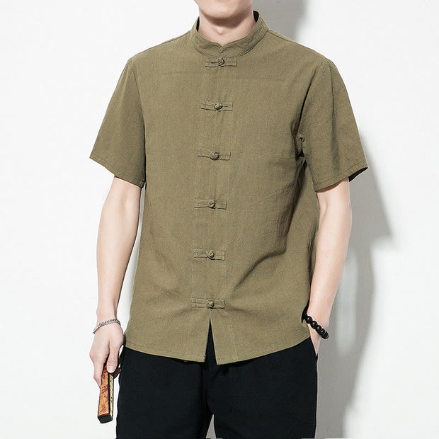 Buddha Stones Casual Solid Color Front Frog Buttons Chinese Tang Suit Short Sleeve Linen Men's Shirt Men's Shirts BS 35