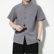 Buddha Stones Casual Solid Color Front Frog Buttons Chinese Tang Suit Short Sleeve Linen Men's Shirt