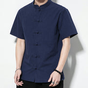 Buddha Stones Casual Solid Color Front Frog Buttons Chinese Tang Suit Short Sleeve Linen Men's Shirt Men's Shirts BS 3