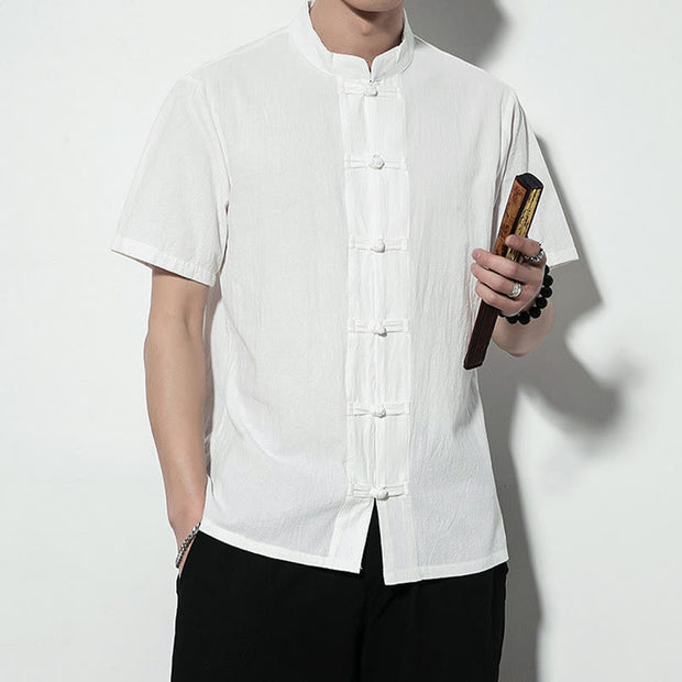 Buddha Stones Casual Solid Color Front Frog Buttons Chinese Tang Suit Short Sleeve Linen Men's Shirt