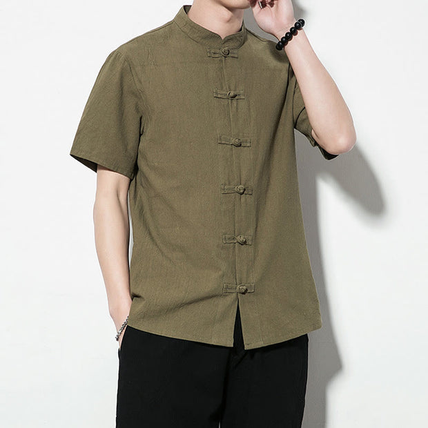 Buddha Stones Casual Solid Color Front Frog Buttons Chinese Tang Suit Short Sleeve Linen Men's Shirt Men's Shirts BS 31