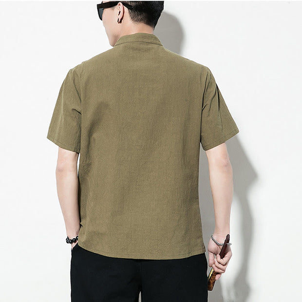 Buddha Stones Casual Solid Color Front Frog Buttons Chinese Tang Suit Short Sleeve Linen Men's Shirt Men's Shirts BS 33