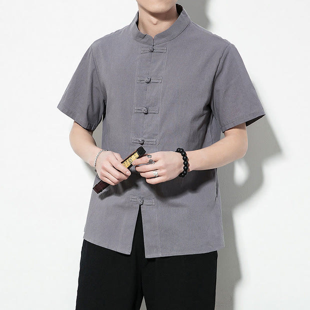 Buddha Stones Casual Solid Color Front Frog Buttons Chinese Tang Suit Short Sleeve Linen Men's Shirt Men's Shirts BS 26