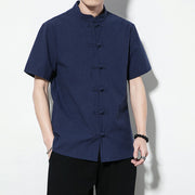 Buddha Stones Casual Solid Color Front Frog Buttons Chinese Tang Suit Short Sleeve Linen Men's Shirt Men's Shirts BS 2