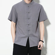 Buddha Stones Casual Solid Color Front Frog Buttons Chinese Tang Suit Short Sleeve Linen Men's Shirt Men's Shirts BS 23