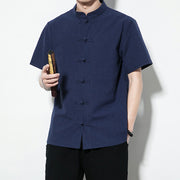 Buddha Stones Casual Solid Color Front Frog Buttons Chinese Tang Suit Short Sleeve Linen Men's Shirt