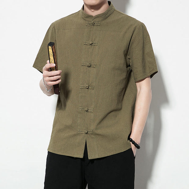 Buddha Stones Casual Solid Color Front Frog Buttons Chinese Tang Suit Short Sleeve Linen Men's Shirt Men's Shirts BS 36