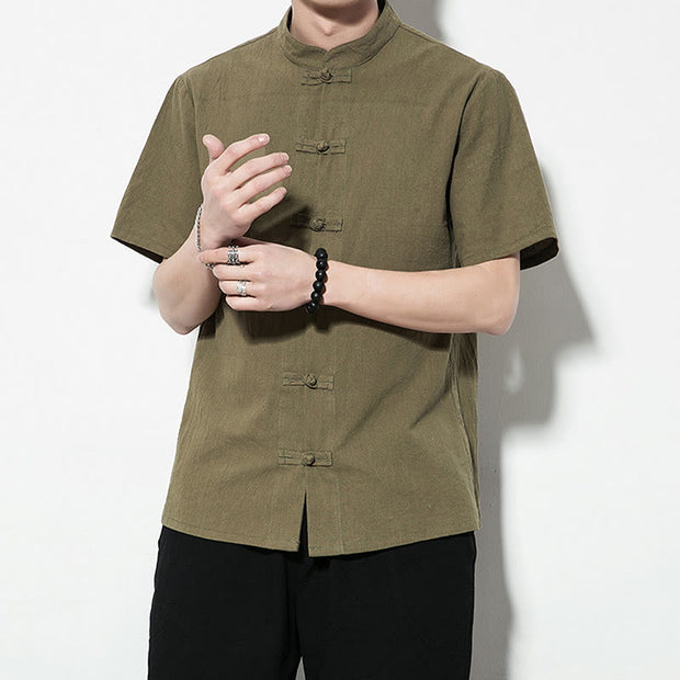 Buddha Stones Casual Solid Color Front Frog Buttons Chinese Tang Suit Short Sleeve Linen Men's Shirt