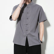 Buddha Stones Casual Solid Color Front Frog Buttons Chinese Tang Suit Short Sleeve Linen Men's Shirt Men's Shirts BS 24