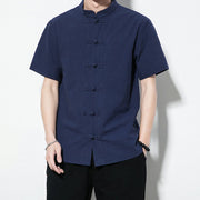 Buddha Stones Casual Solid Color Front Frog Buttons Chinese Tang Suit Short Sleeve Linen Men's Shirt Men's Shirts BS 1