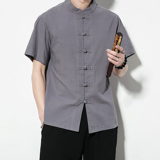 Buddha Stones Casual Solid Color Front Frog Buttons Chinese Tang Suit Short Sleeve Linen Men's Shirt