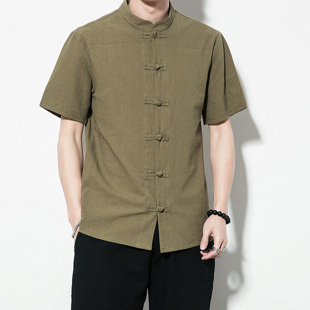 Buddha Stones Casual Solid Color Front Frog Buttons Chinese Tang Suit Short Sleeve Linen Men's Shirt Men's Shirts BS 32