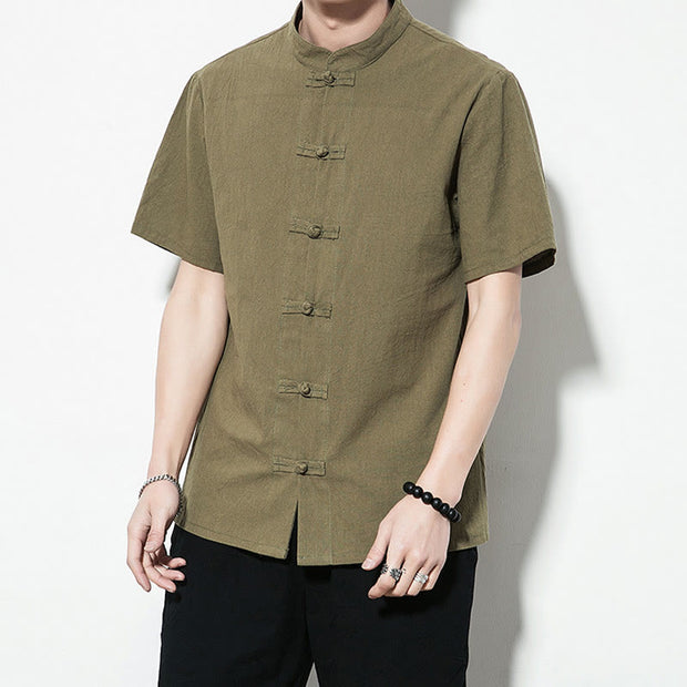 Buddha Stones Casual Solid Color Front Frog Buttons Chinese Tang Suit Short Sleeve Linen Men's Shirt Men's Shirts BS 30