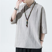 Buddha Stones Casual Solid Color Two Buttons V-neck Three Quarter Sleeve Cotton Linen Men's Shirt