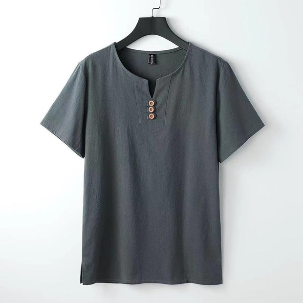 Buddha Stones Solid Color V-neck Three Top Buttons Short Sleeve Cotton linen Men's Shirt Men's Shirts BS Gray US/UK/AU46，EU56 (5XL)