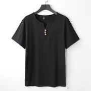 Buddha Stones Solid Color V-neck Three Top Buttons Short Sleeve Cotton linen Men's Shirt Men's Shirts BS Black US/UK/AU46，EU56 (5XL)