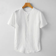 Buddha Stones Solid Color Short Sleeve Two Top Buttons Cotton Linen Men's Shirt