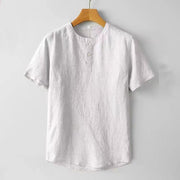 Buddha Stones Solid Color Short Sleeve Two Top Buttons Cotton Linen Men's  Shirt