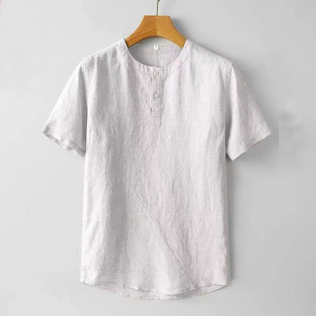 Buddha Stones Solid Color Short Sleeve Two Top Buttons Cotton Linen Men's  Shirt