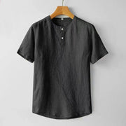 Buddha Stones Solid Color Short Sleeve Two Top Buttons Cotton Linen Men's  Shirt