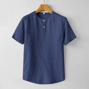 Buddha Stones Solid Color Short Sleeve Two Top Buttons Cotton Linen Men's Shirt