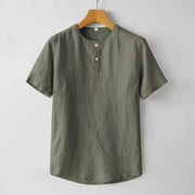 Buddha Stones Solid Color Short Sleeve Two Top Buttons Cotton Linen Men's  Shirt