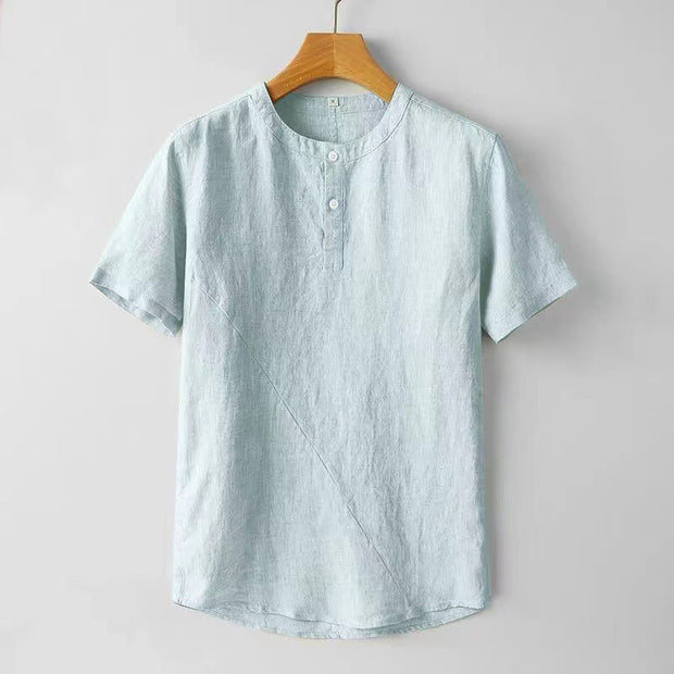 Buddha Stones Solid Color Short Sleeve Two Top Buttons Cotton Linen Men's  Shirt