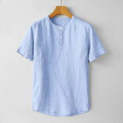 Buddha Stones Solid Color Short Sleeve Two Top Buttons Cotton Linen Men's Shirt