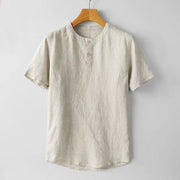 Buddha Stones Solid Color Short Sleeve Two Top Buttons Cotton Linen Men's  Shirt