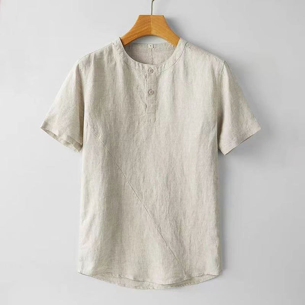 Buddha Stones Solid Color Short Sleeve Two Top Buttons Cotton Linen Men's  Shirt