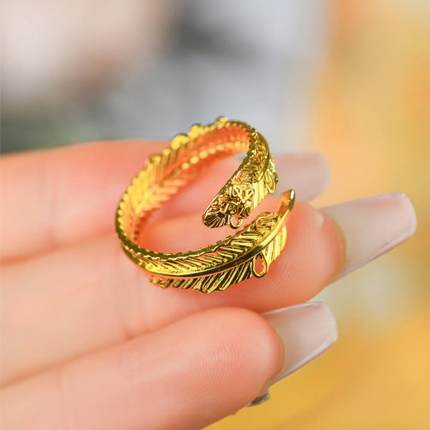 Buddha Stones River Gold Plated Copper Feather Design Wealth Ring Ring BS 3