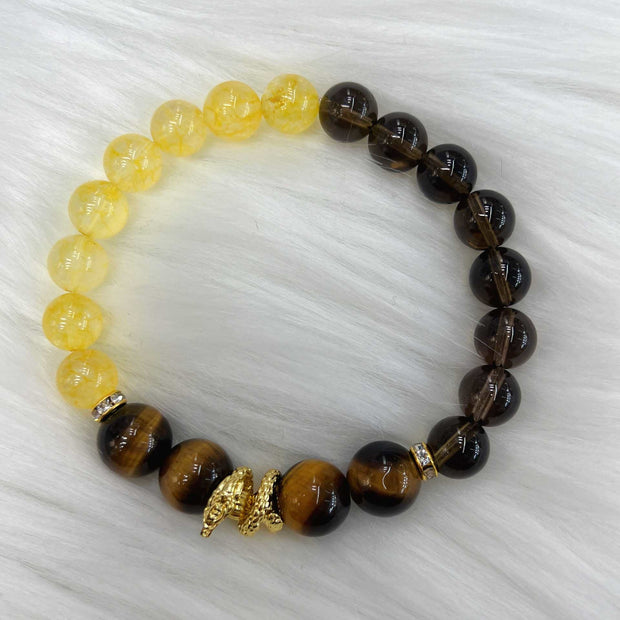 Buddha Stones Citrine Smoky Quartz Tiger Eye Year of the Snake Prosperity Bracelet