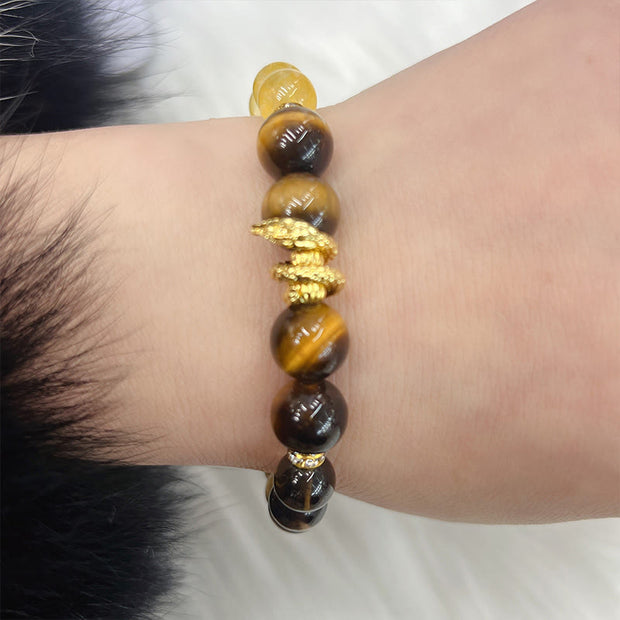 Buddha Stones Citrine Smoky Quartz Tiger Eye Year of the Snake Prosperity Bracelet