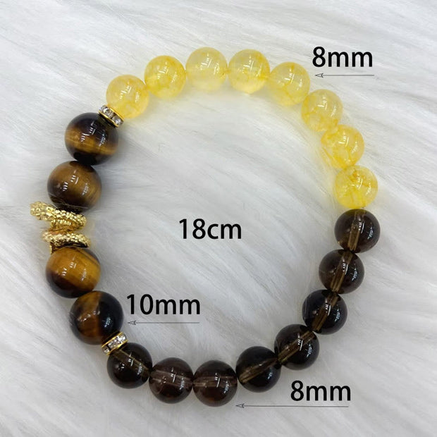 Buddha Stones Citrine Smoky Quartz Tiger Eye Year of the Snake Prosperity Bracelet